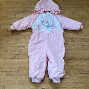 VTG 80s Toddler Girls Whimsical Snow Suit with Kitten and Bird with Ruffles